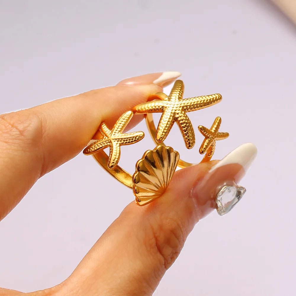 Ocean Starfish Shell Open Rings For Women Men Gold Color Stainless Steel Ring Wedding Couple Engaement Jewelry Summer Beach Gift