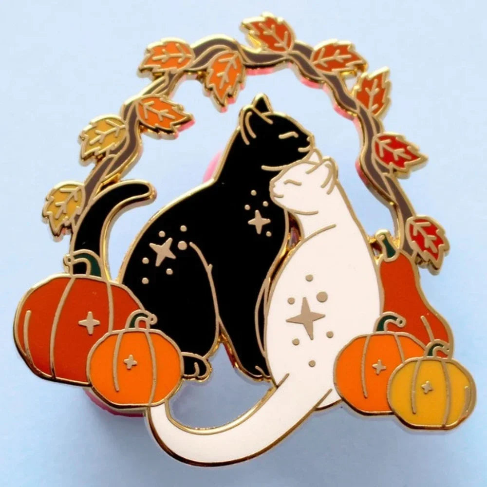 Pumpkin & Cats Enamel Pin / Autumn Fall Brooch for Halloween