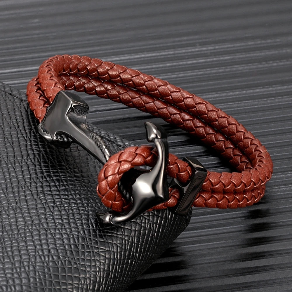 MKENDN Fashion Stainless Steel Charm Anchor Black Men Bracelet Leather Genuine Braided Punk Rock Bangles Jewelry Accessories