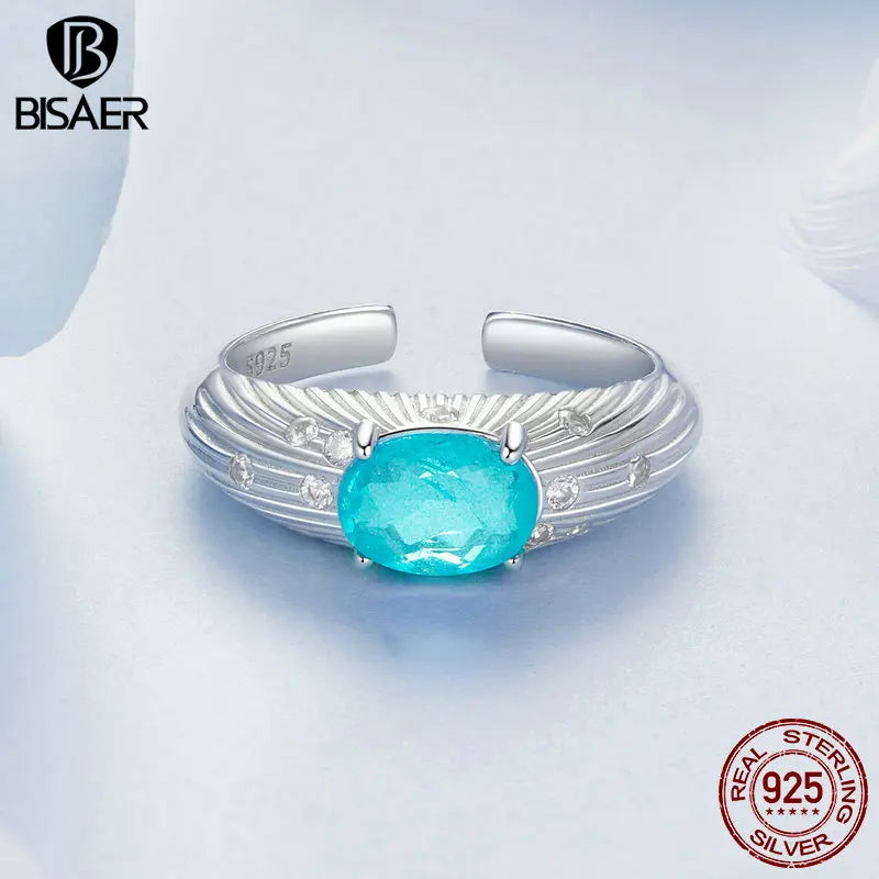 BISAER 925 Sterling Silver Metal Texture Open Ring Green Zircon Band Adjustable Plated White Gold for Women Party Fine Jewelry