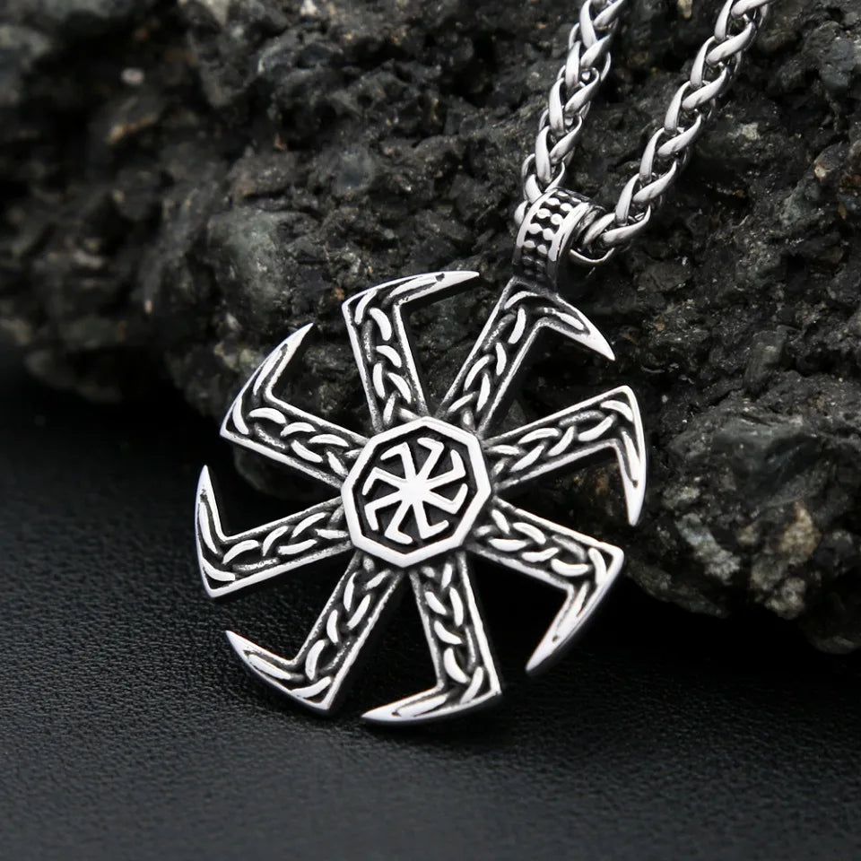 Vintage Stainless Steel Slavic Kolovrat Symbol Pendant Necklace Pagan Sun Wheel Necklaces For Men Women Religious Amulet Jewelry