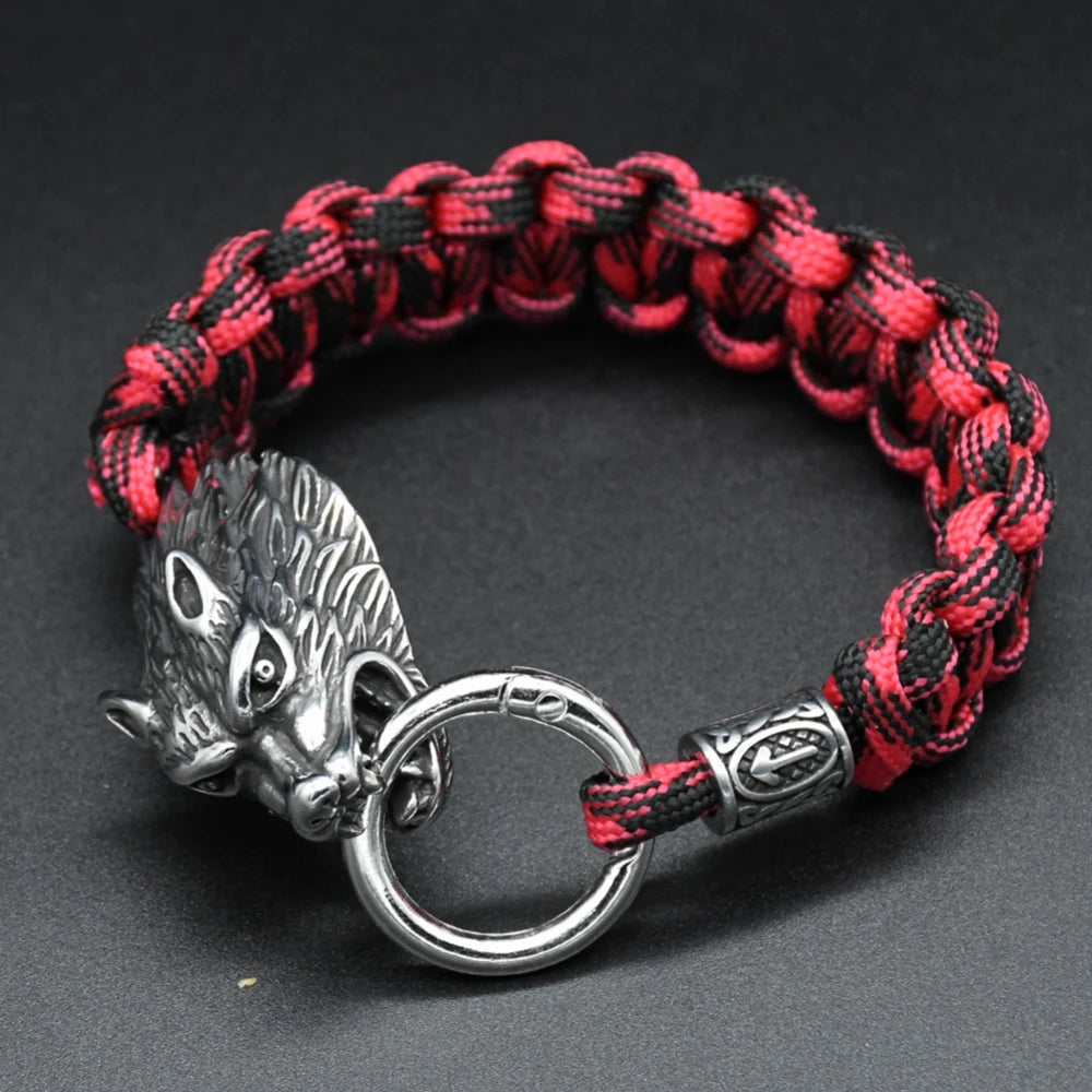 Norse Runs Beads Bracelets Men Viking Stainless Steel Odin's Wolf Paracord Rope Bangles Handmade Outdoor Jewelry