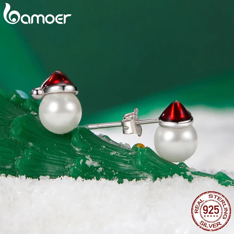 BAMOER Boucles d'oreilles à tige en argent sterling 925 avec perles et chapeau de Noël pour femmes et filles, hypoallergéniques, cadeau de Noël BSE1094