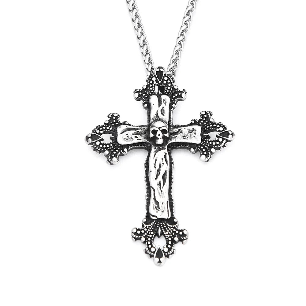 Gothic Punk Cross Skull Pendant Necklace 316L Stainless Steel Hip Hop Biker Cross Necklaces For Men Women Fashion Charm Jewelry