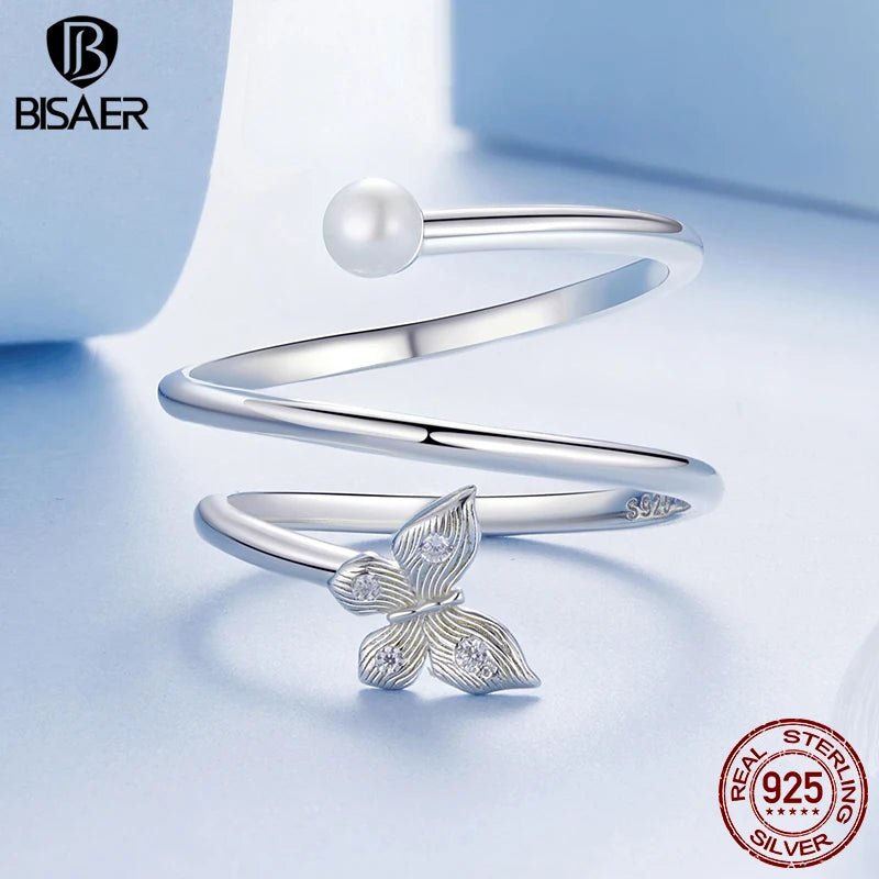 BISAER 925 Sterling Silver Butterfly Three-layer Open Ring Pearl Band Adjustable Plated White Gold for Women Party Fine Jewelry