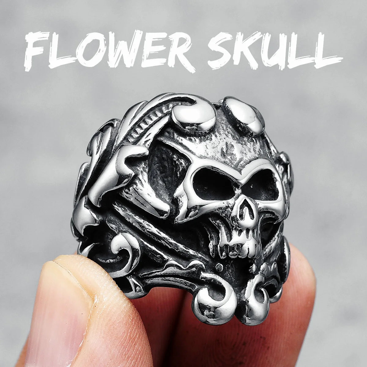 Flower Skull Men Rings 316L Stainless Steel Skeleton Rune Rock Punk Rap HipHop for Biker Rider Male Boyfriend Jewelry Best Gift