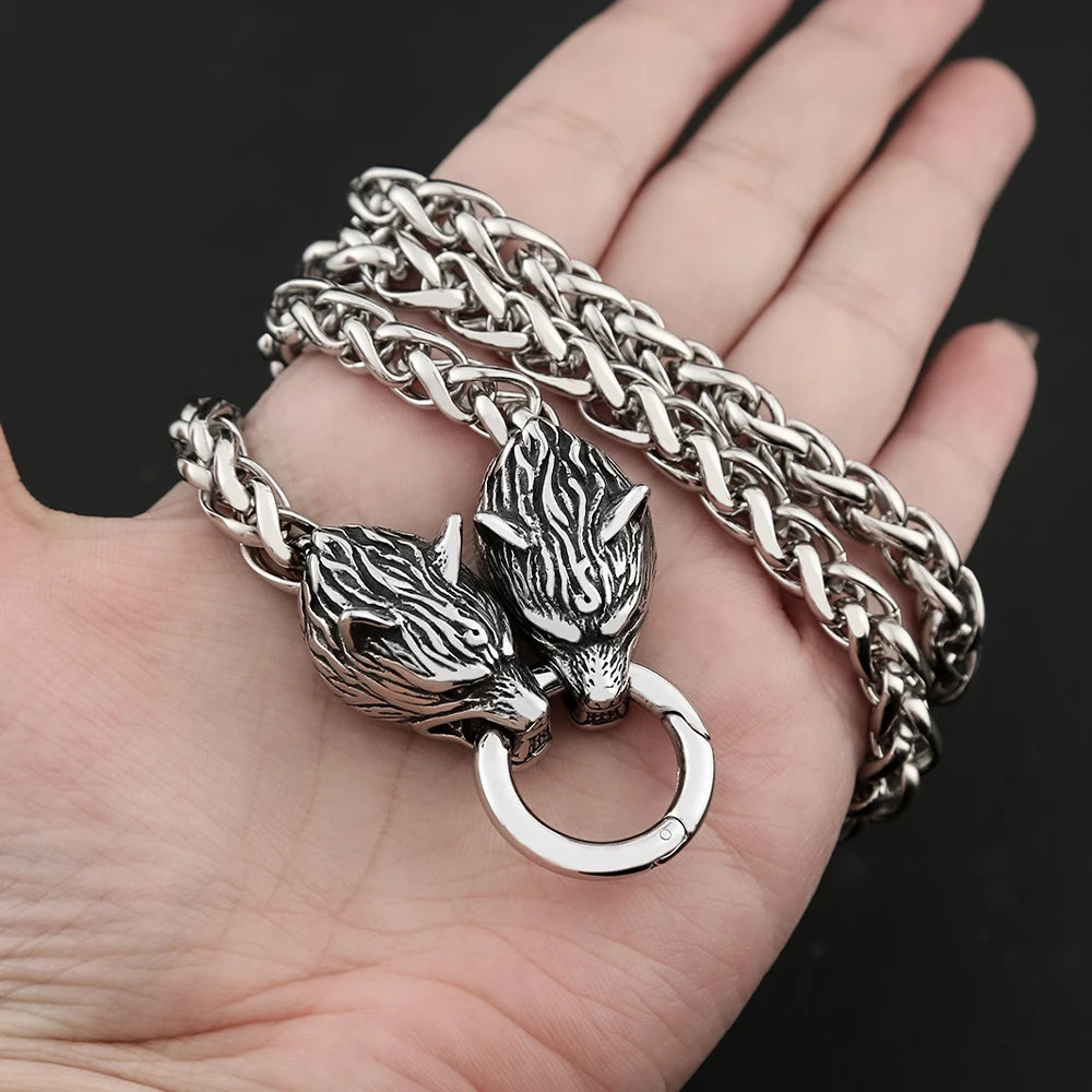 Vintage Double Wolf Head Chain Necklace Punk Fashion Stainless Steel Animal Necklaces Domineering Male Amulet Jewelry Wholesale