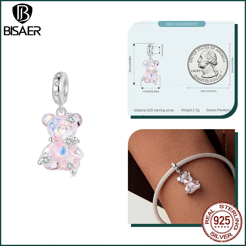 BISAER - Abalorio de plata de ley 925 con forma de oso de princesa y bailarina, cadena de seguridad con lazo para zapatos de color rosa, apto para pulseras de mujer DIY, joyería fina