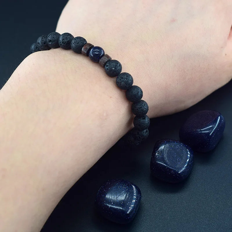 Natural Blue Sandstone Round Beads Bracelet Men Women Vintage Volcanic Stone Jewelry Relieve Anxiety Wristband Birthday Gift