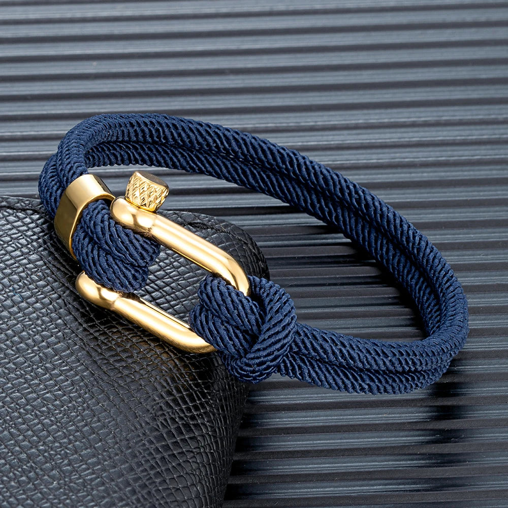 MKENDN Gold Color Stainless Steel Shackle Bracelet Simple Double Strand Nautical Rope Bracelets for Men Women Handmade Jewelry