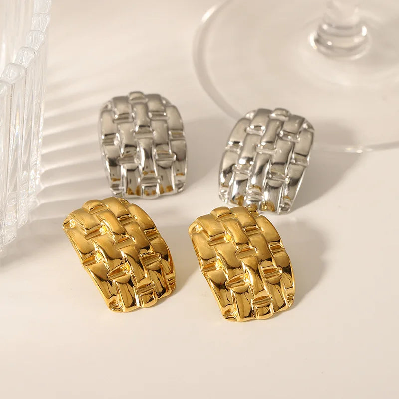 New Stainless Steel Plated 18K Gold Color Geometric Earrings Waterproof Texture Statement Studs for Women Jewelry Gift