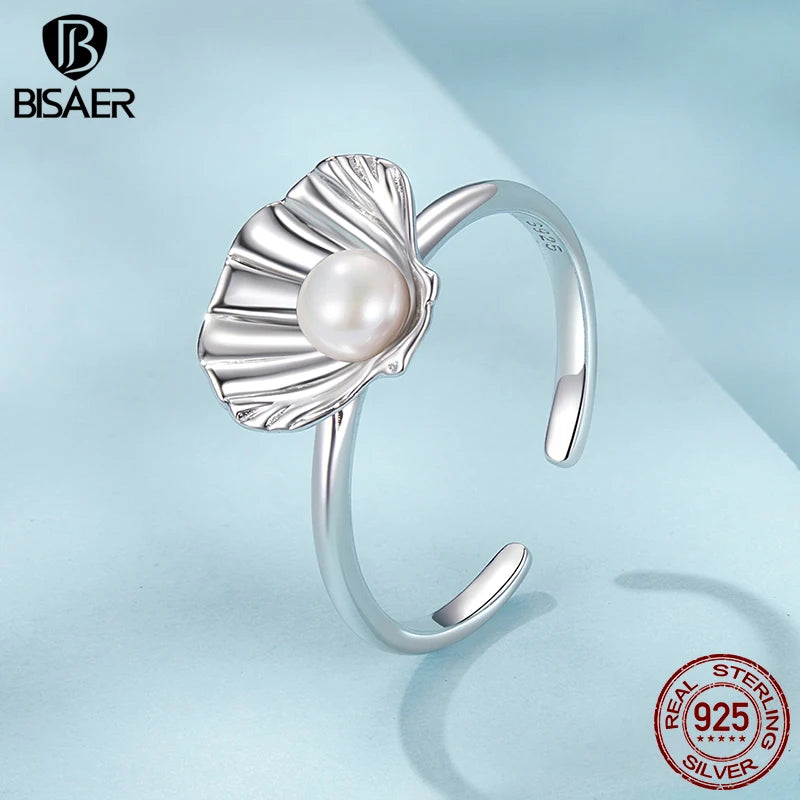 BISAER 925 Sterling Silver Shell Open Ring Pearl Adjustable Size 5-9 Band Plated White Gold for Women Party Fine Jewelry ECR1077