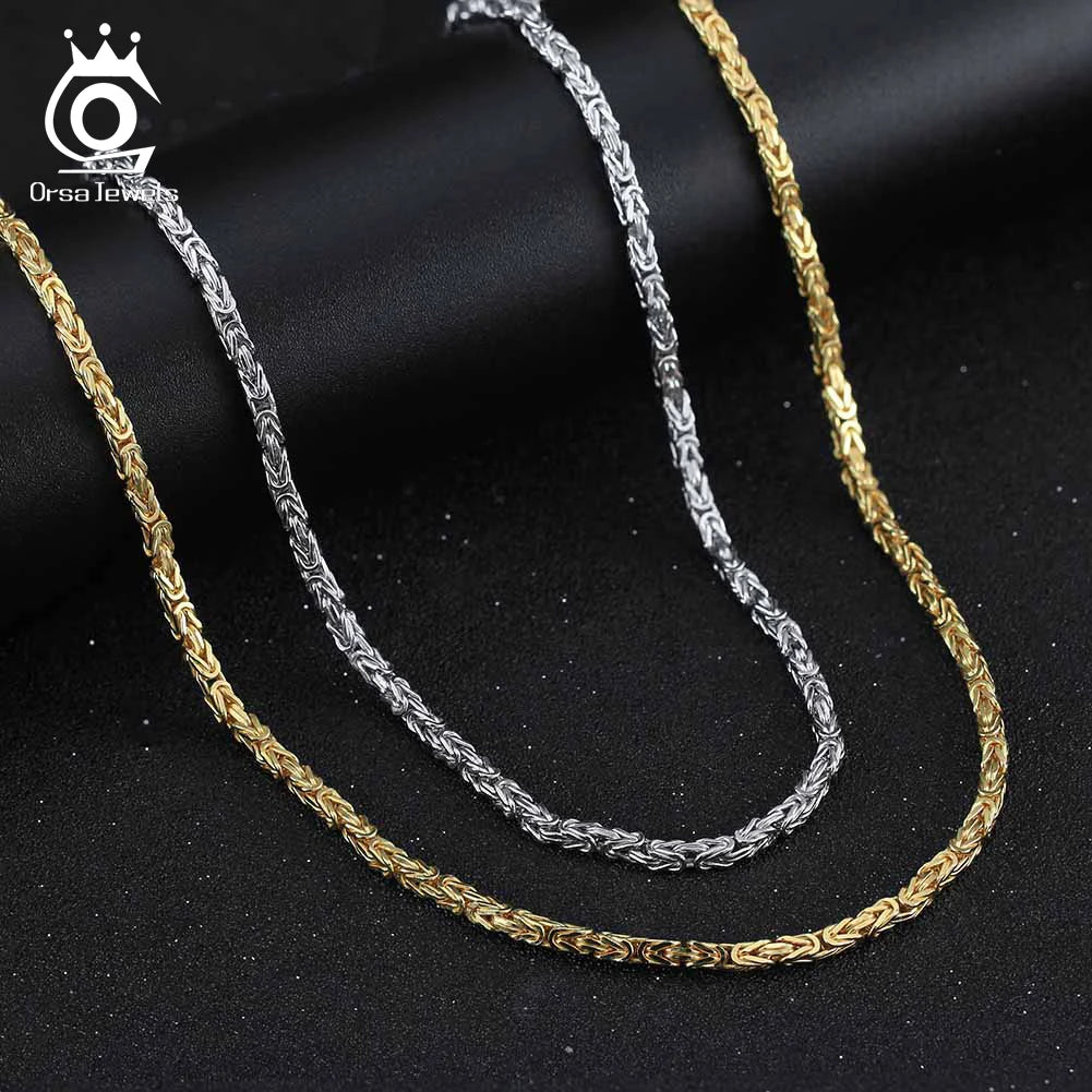 ORSA JEWELS Soild 925 Sterling Silver 2.5mm Flat Byzantine Chain Necklace Bracelet Jewelry Set 18K Gold Rhodium Plate Chain SC79