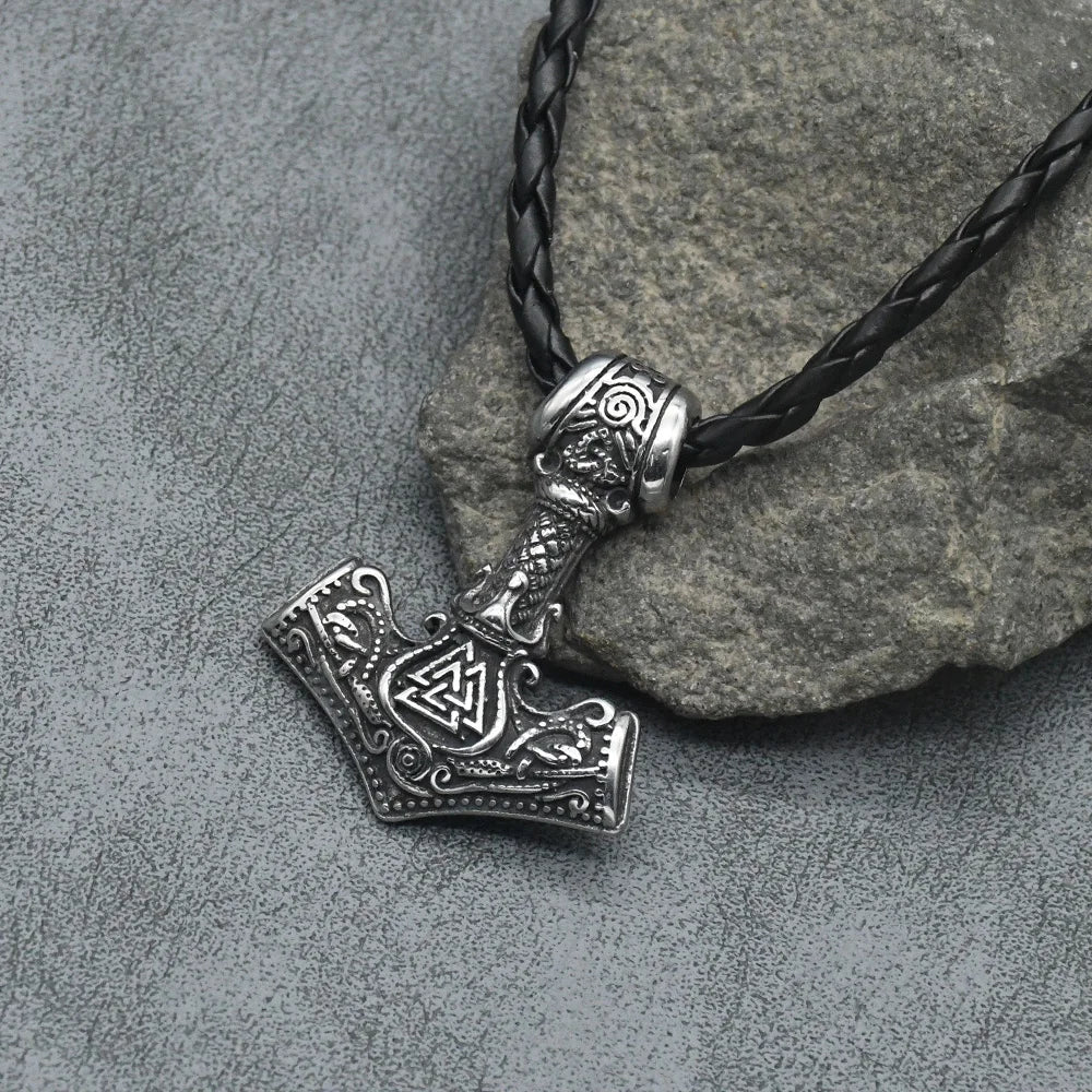 Norse Rune Viking Valknut Pendant Necklace Men Vintage Stainless Steel Mjolnir Thor's Hammer Talisman Jewelry