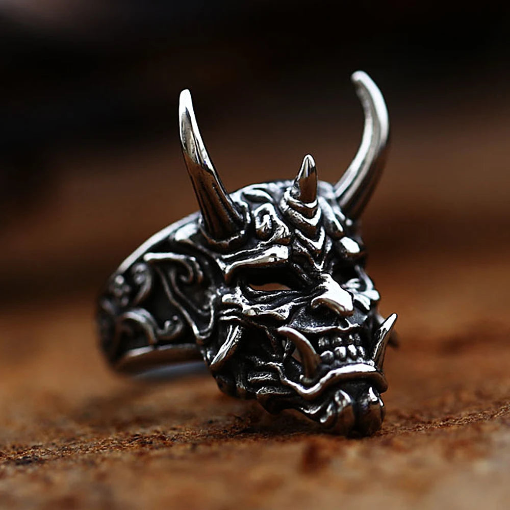 Vintage Prajna Mask Ring Men's Domineering Stainless Steel Ring Unique Gothic Locomotive Jewelry Halloween Gifts Dropshipping