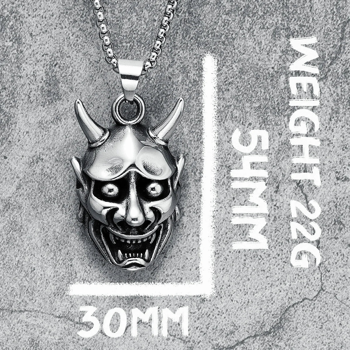 Collier pour homme avec masque Prajna, pendentif rétro en acier inoxydable 316L, tête de fantôme japonaise, chaîne rock punk pour motard, bijoux cadeau