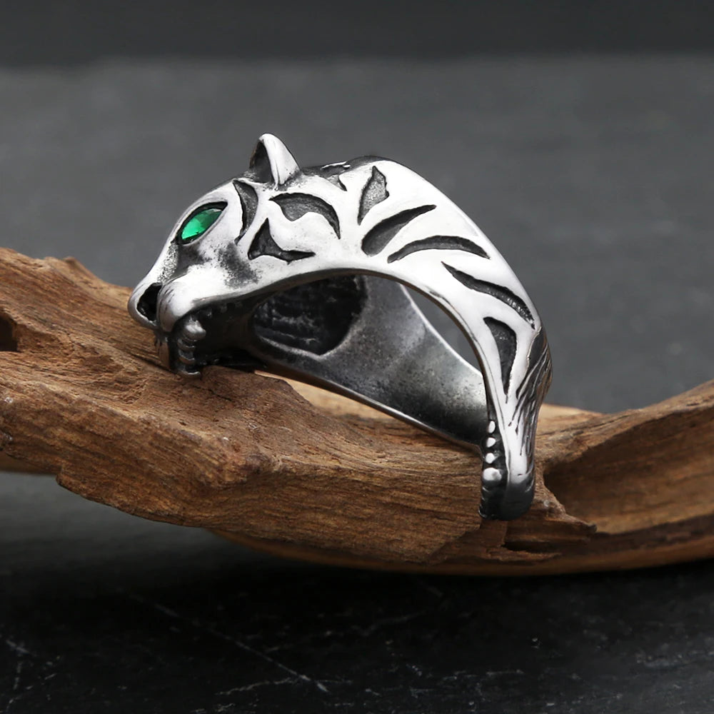 Vintage Punk Tiger Ring With Green Stone Eyes Stainless Steel Hip Hop Biker Animal Rings For Men Party Jewelry Gift Dropshipping