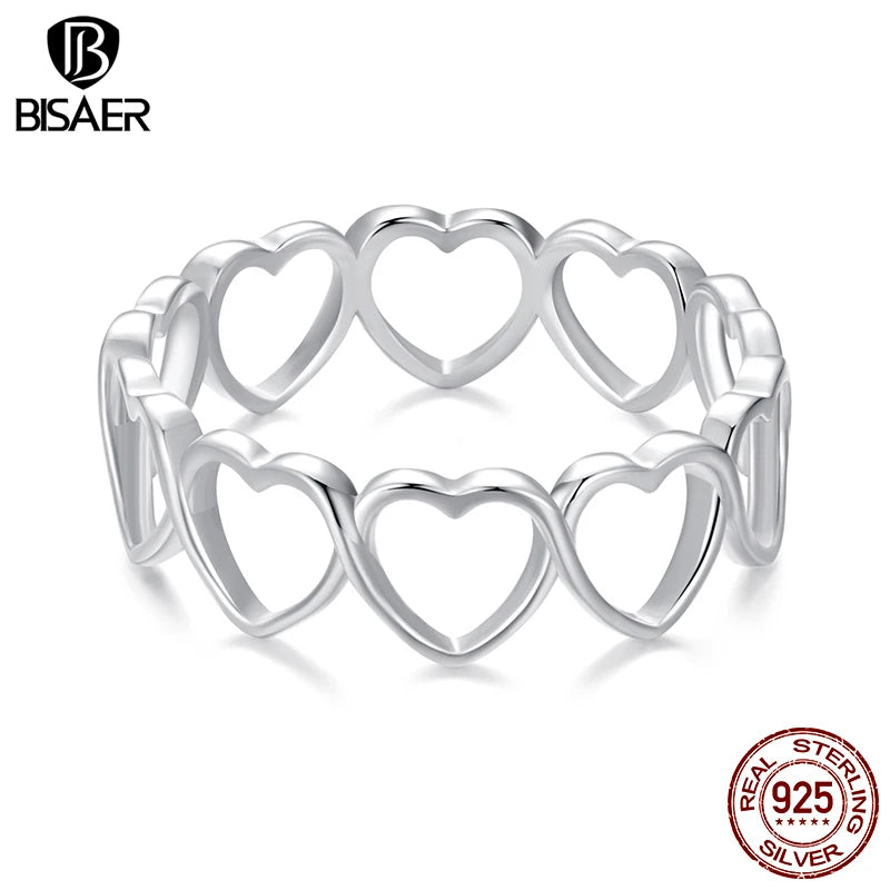 BISAER 925 Sterling Silver Hollowed Heart Ring Minimalism Finger Band for Women Lover Wedding Party Fine Jewelry ECR1084