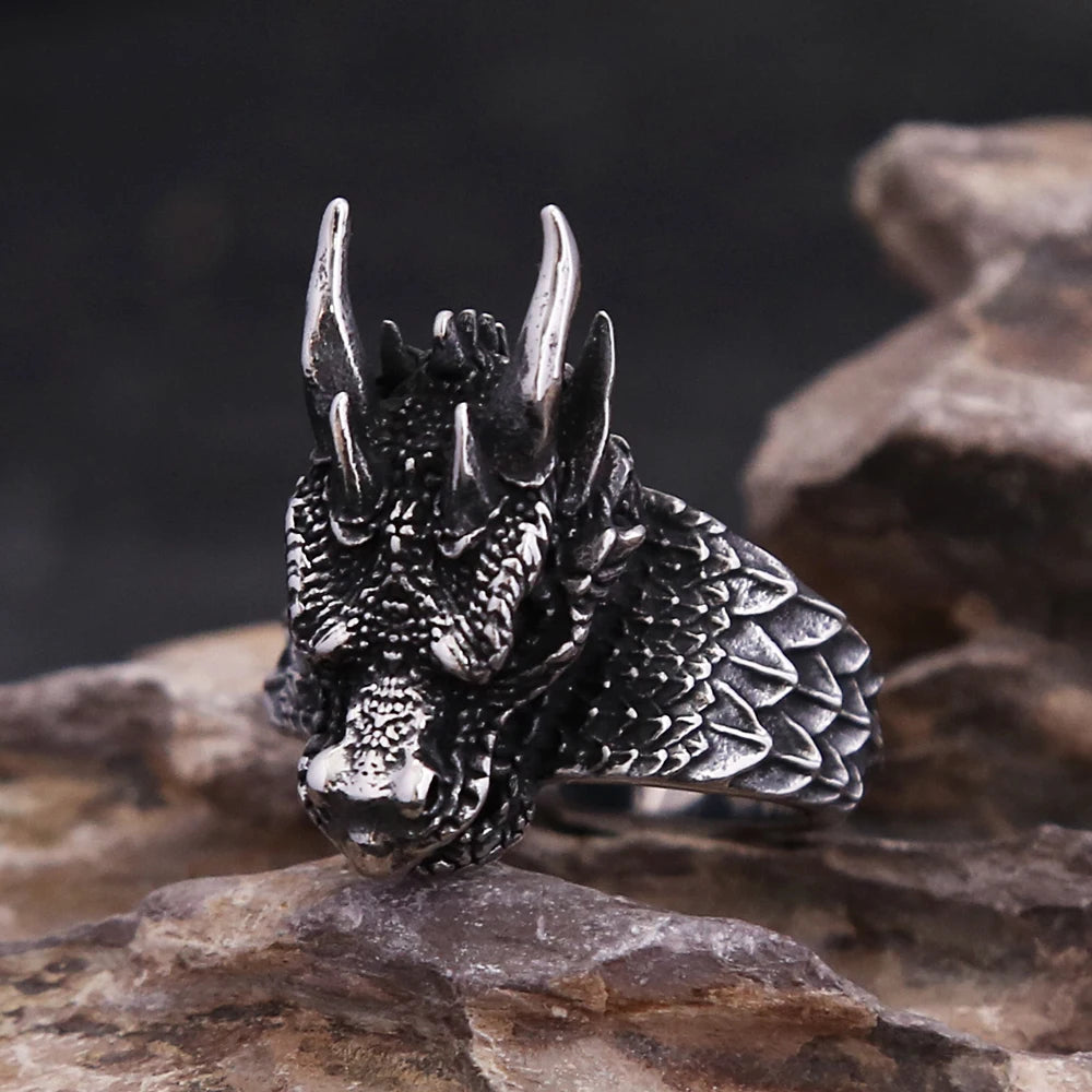 Fashion Vintage Stainless Steel Norse Viking Dragon Head Rings Punk Biker Dragon Scale Ring For Men Creative Amulet Jewelry Gift