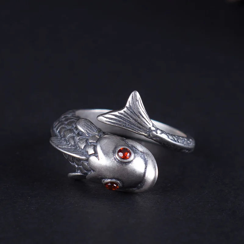 MKENDN Vintage Red Eyes 925 Sterling Silver Koi Adjustable Ring For Men Women Gothic Trendy Street Hip Hop Dark Jewelry