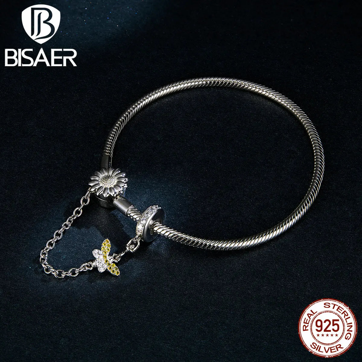 BISAER 925 Sterling Silver Daisy Flower Bee Safety Chain Snake Bracelet Plated White Gold Bracelet Fine Jewelry Accessories