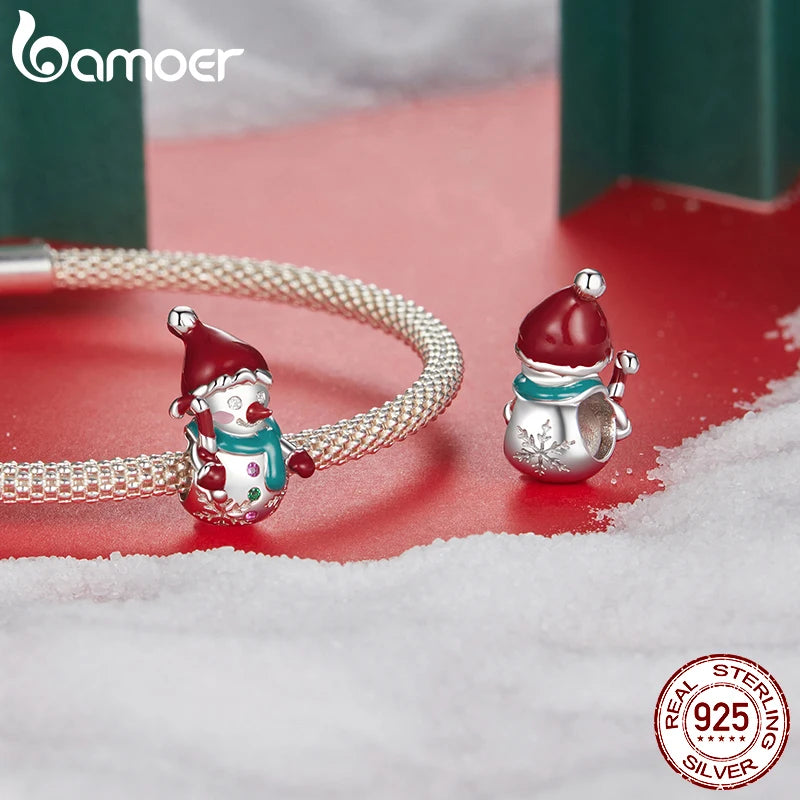 BAMOER 925 Argent Sterling Bonhomme de Neige de Noël Charm Perle Fit Bracelet Original DIY Bamoer Charm pour la Fabrication de Bijoux Cadeau de Noël