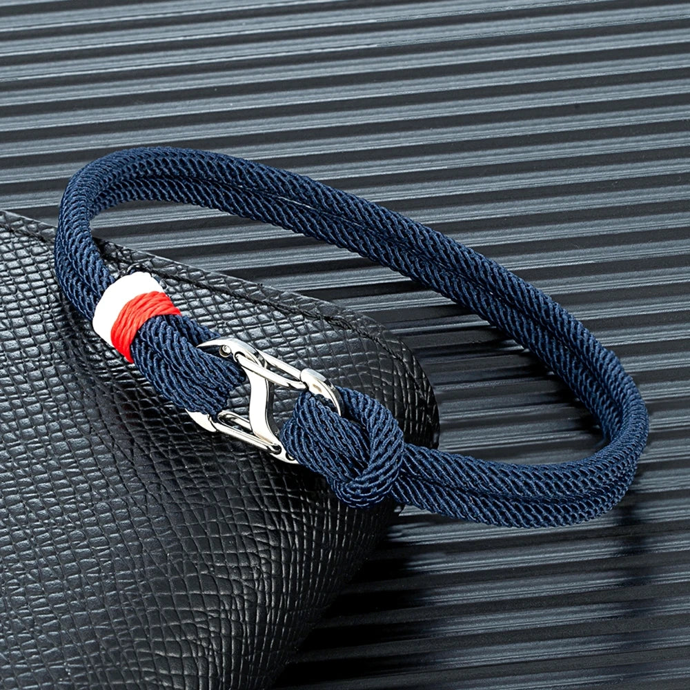 MKENDN Navy Blue Braided Rope Bracelet Stainless Steel Double Push Carabiner Clasp Survival Bracelet for Men Women Couple Gifts