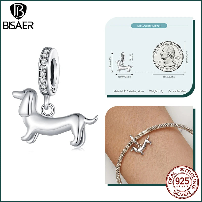 BISAER 925 Sterling Silver Cute Dachshund Charm Bead Schnauzer Corgi Shitzu Pendant Fit Women DIY Bracelet&Necklace Fine Jewelry