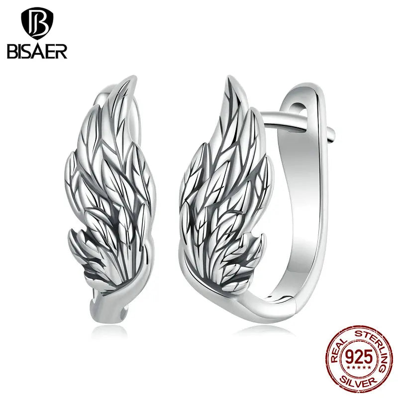 BISAER Real 925 Sterling Silver Wing Hoop Earrings Angel Wings Stud Earring For Women Party Weeding Fien Jewelry Gift ECE1795