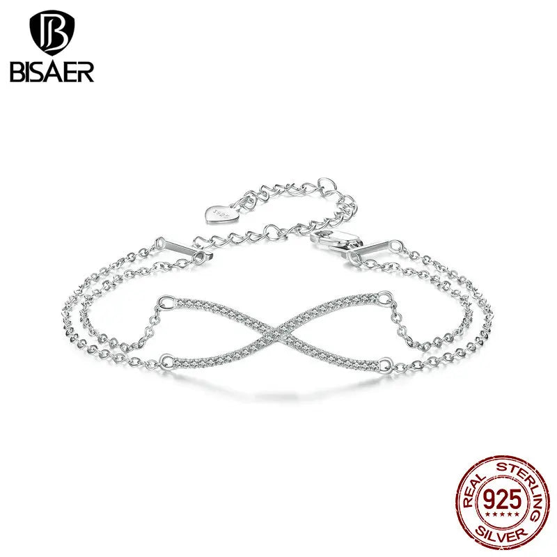 BISAER 925 Sterling Silver Crossed X Bracelet Adjustable Double Layer Chain Plated White Gold for Women Party Fine Jewelry Gift