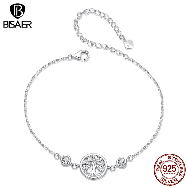 BISAER 925 Sterling Silver Tree of Life Bracelet Adjustable Charm Chain Plated White Gold for Women Party Fine Jewelry ECB288