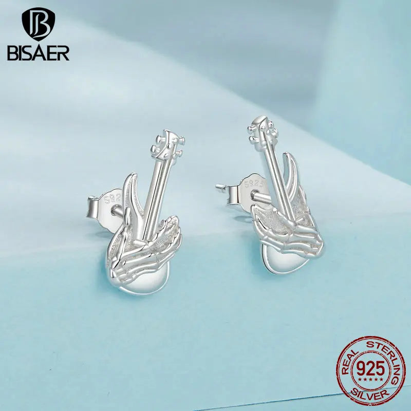 BISAER 925 Sterling Silver Mini Skull Hand Bass Stud Earring Plated White Gold For Music Lover Party Original Fine Jewelry Gift