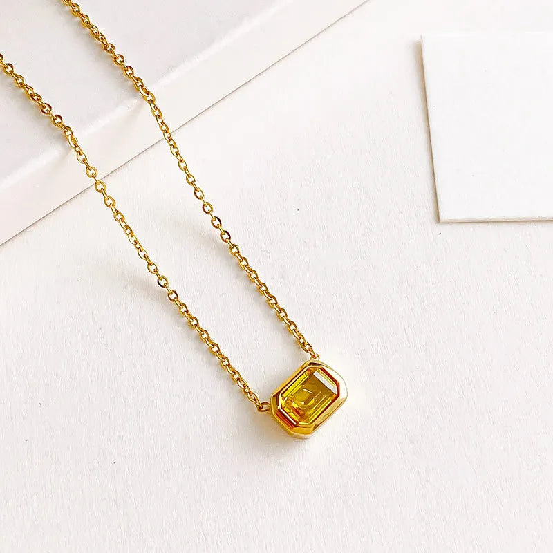 Exquisite PVD 16K Gold Plated Stainless Steel Yellow Pink Cubic Zirconia Square Pendant Necklaces for Women Waterproof Jewelry