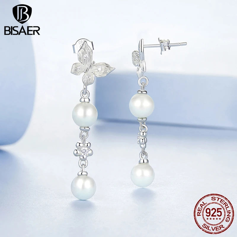 BISAER 925 Sterling Silver Pearl Butterfly Stud Earrings Line Earrings Plated White Gold for Luxury Women Party Fine Jewelry