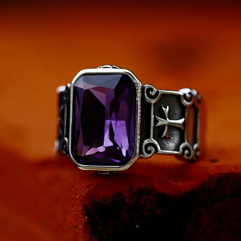 Bague en acier inoxydable avec croix et zircon violet pour homme, bague de mariage tendance de haute qualité, bijoux à la mode, cadeau