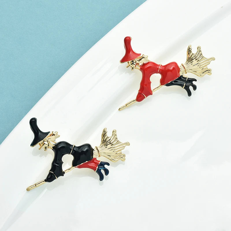 Wuli&baby Ride Broom Witch Brooches For Women Unisex 2-color Enamel Figure Casual Party Brooch Pins Gifts