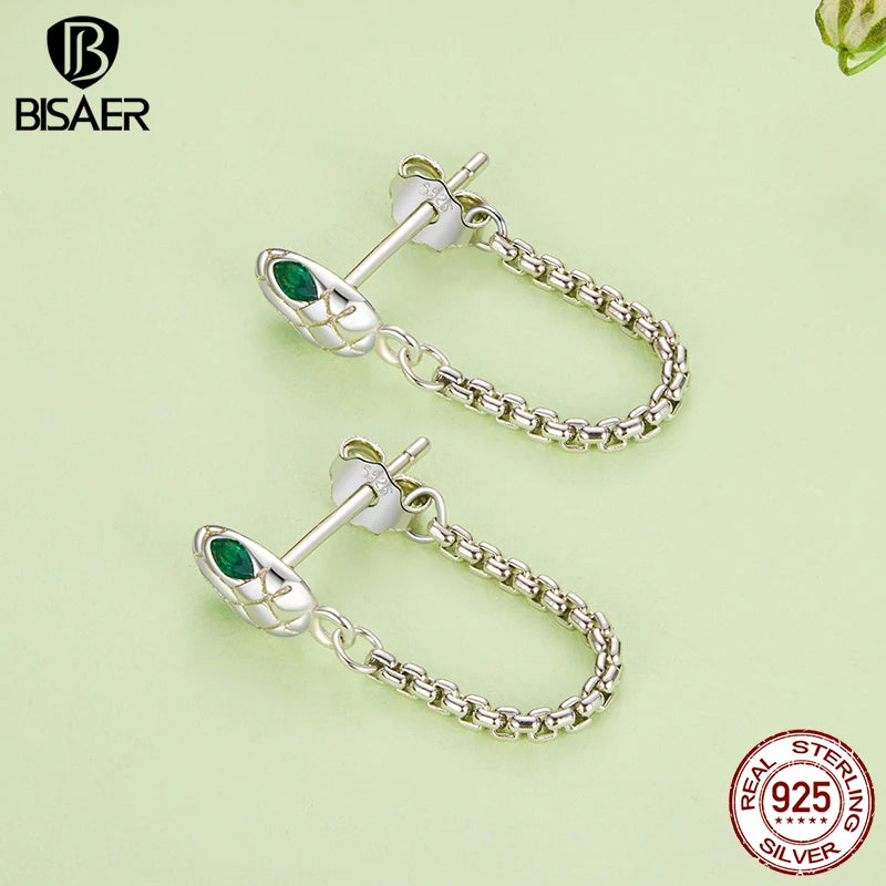 BISAER 925 Sterling Silver Snake Tassel Hoop Earrinngs Metal Stud Earrings Hypoallergenic Classic Ear Women Party Fine Jewelry