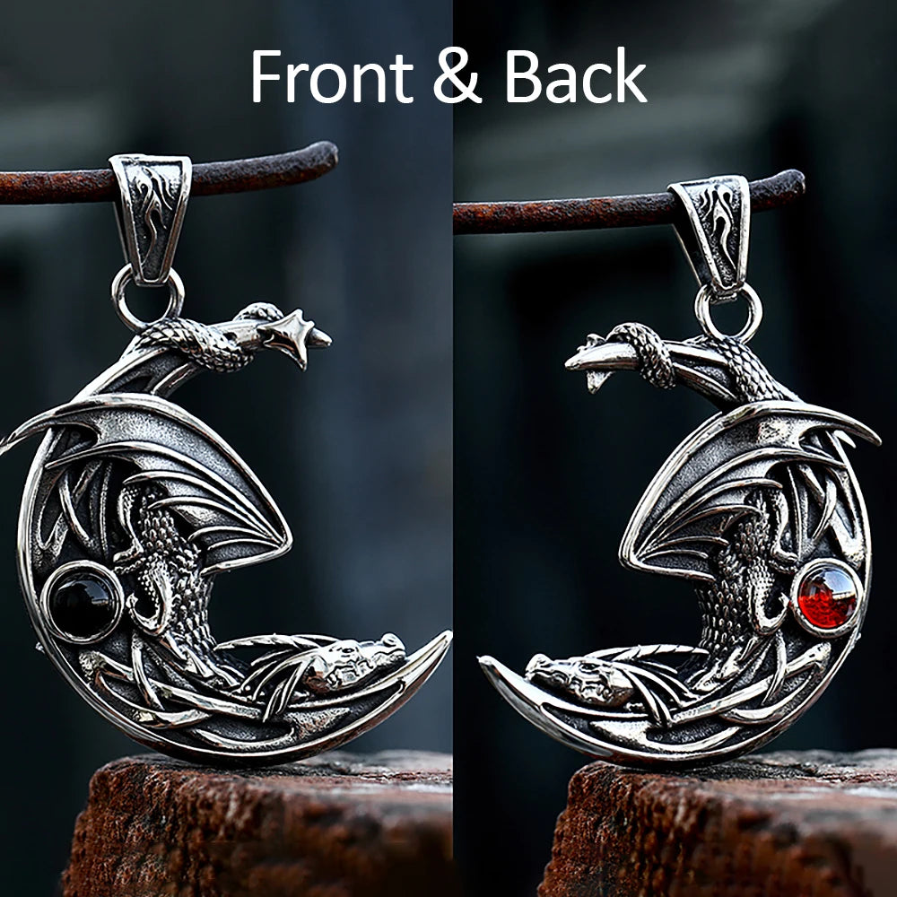 New Vintage Sleeping Dragon On Moon Pendant For Men Women Stainless Steel Natural Stones Necklace Fashion Party Jewelry Gifts