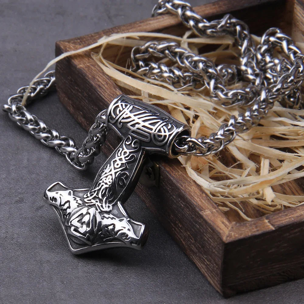 Fashion Valknut Viking Thor's Hammer Pendant Necklace With keel Chain As Men Gift with wooden box