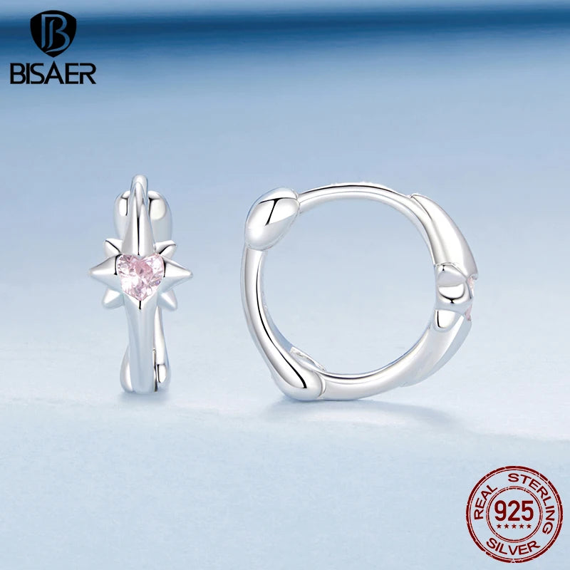 BISAER Real 925 Sterling Silver Hexagram Hoop Earrings Plated White Gold Women Party Weeding FOriginal ine Jewelry Gift EFE1112