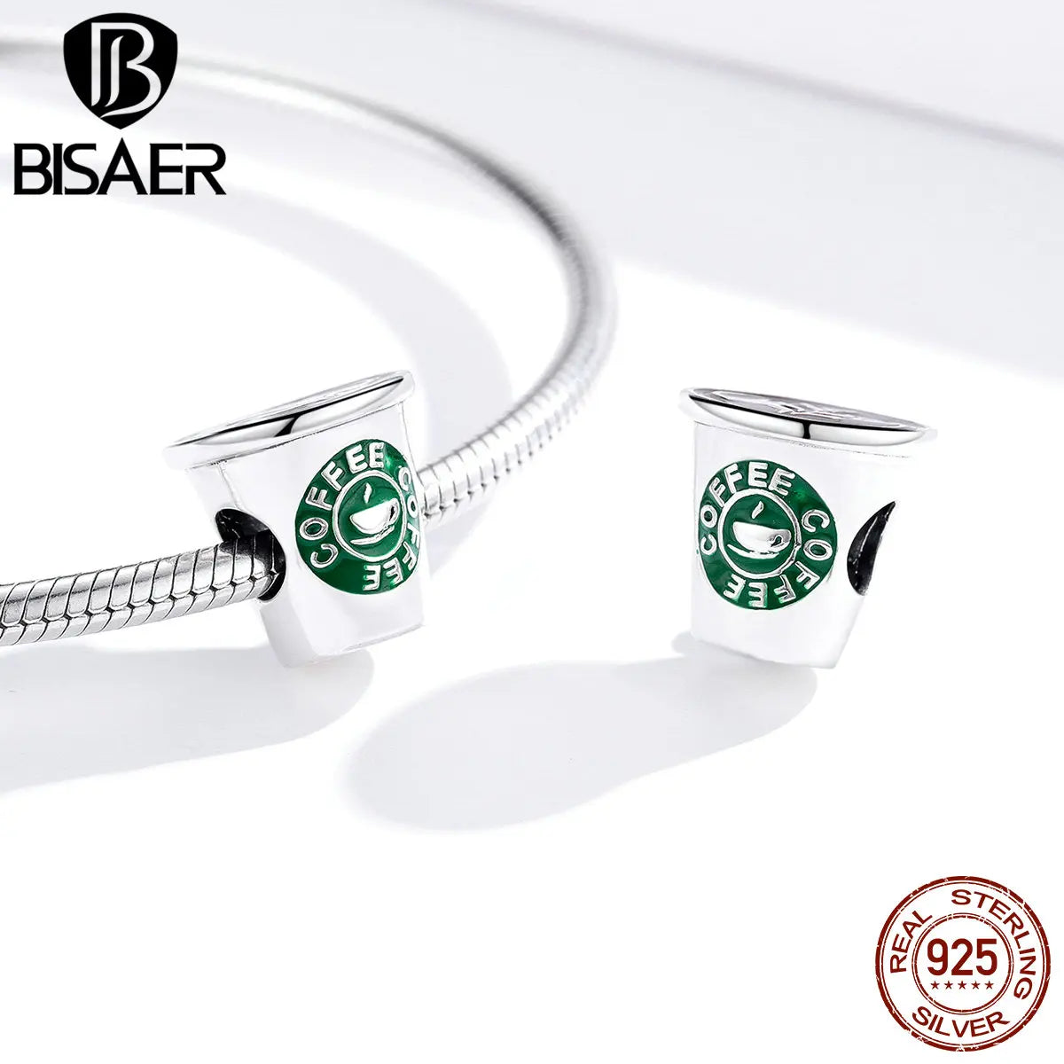 BISAER 100% 925 Sterling Silver Flower Teacup Charm Bead Coffee Cup Pendant Plated Platinum Fit Women DIY Bracelet Fine Jewelry