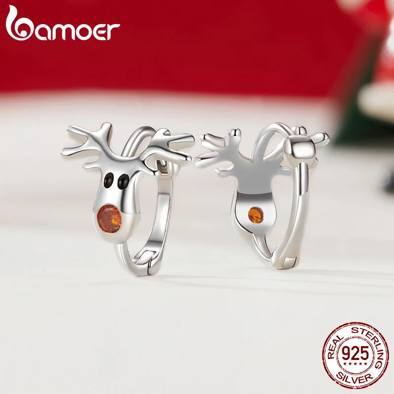 Boucles d'oreilles créoles en argent sterling 925 BAMOER en forme de renne, boucles d'oreilles créoles de Noël légères plaquées or blanc pour femmes SCE1812