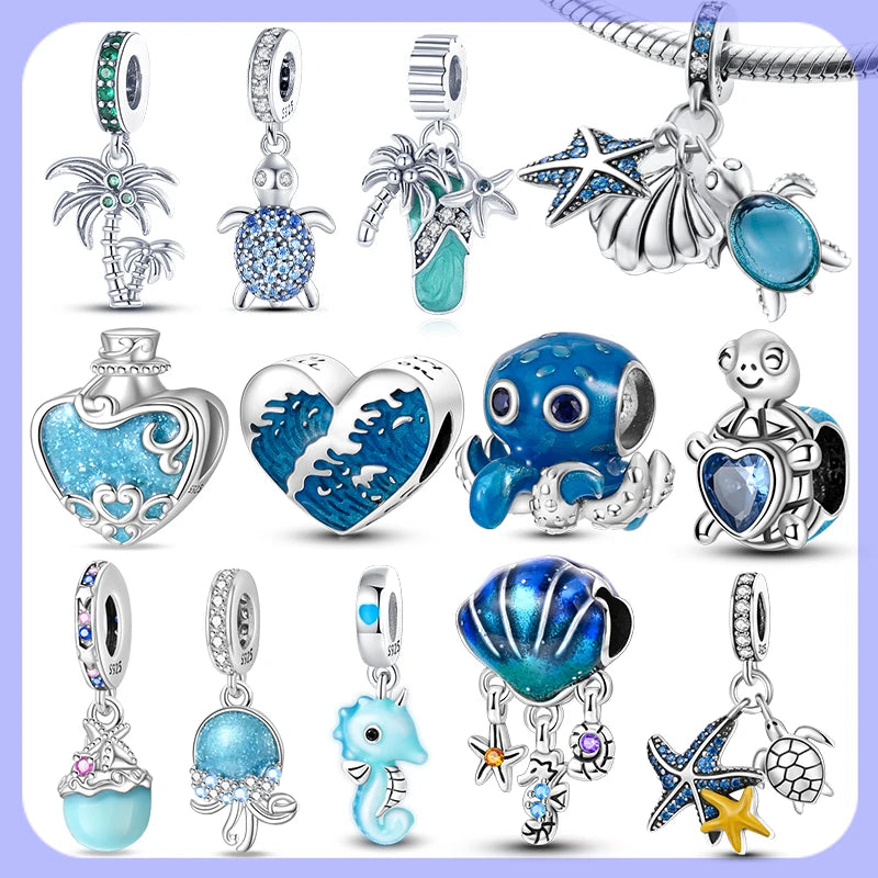 New Silver Plated Charms Beads Turtle Starfish Shell Sea Blue Summer Beads Fit Original Pandora Charms DIY Woman Jewelry Gift