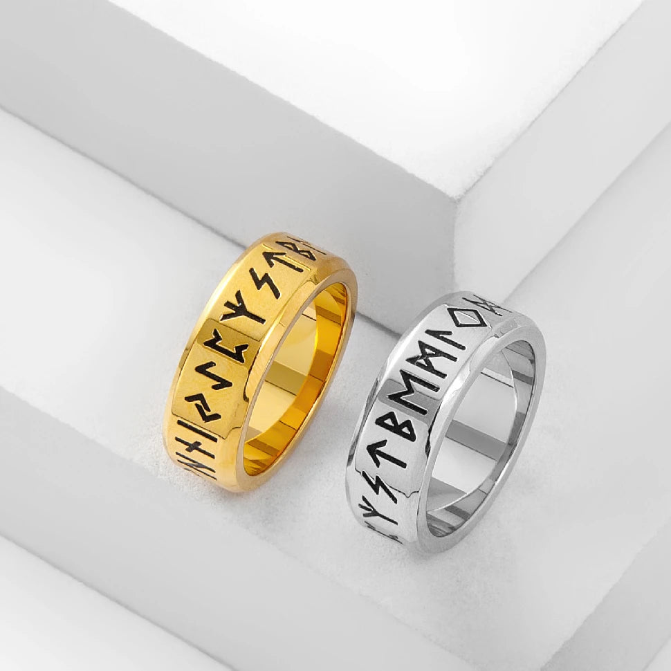 YILUOCD Stainless Steel Viking Runes Ring Nordic Style 24 Runes Powerful Amulets Vintage Odin Norse Counple Jewelry