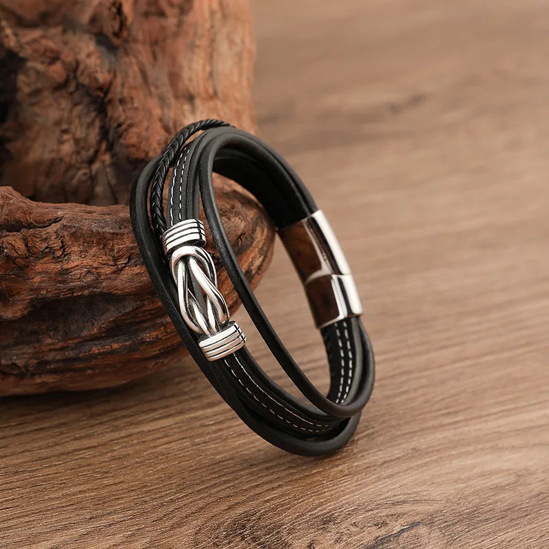 MKENDN Luxury Fashion Hand-Woven Leather Bracelet Multilayer Men's Bangles Stainless Steel Magnetic Buckle Party Jewelry Gift