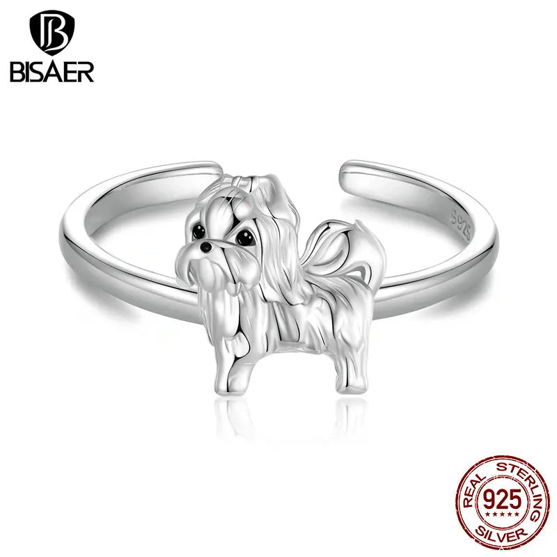 BISAER 925 Sterling Silver Shih Tzu Open Ring Pet Dog Band Adjustable Plated White Gold for Women Party Fine Jewelry ECR1073