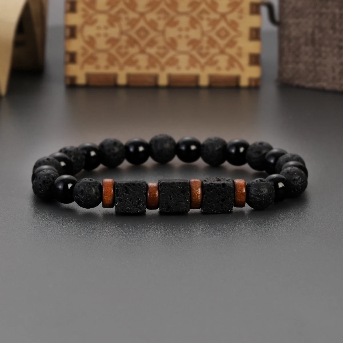 MKENDN Square Volcanic Stone Bracelet for Men Women Natural Lava Black Onyx 8mm Beads Bracelets Yoga Jewelry Gift