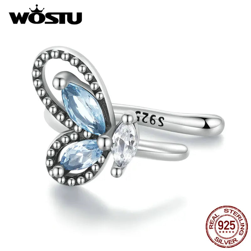 WOSTU Real 925 Sterling Silver Original Butterfly Ear Cuffs Earrings Blue Crystal Zircon Ear Clips Wedding Jewelry Holiday Gift