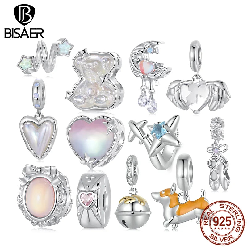 BISAER 925 Sterling Silver Pink Moonlight Charm Ballet Shoe Aurora Bear Heart Wing Pendant for Women DIY Bracelet Fine Jewelry