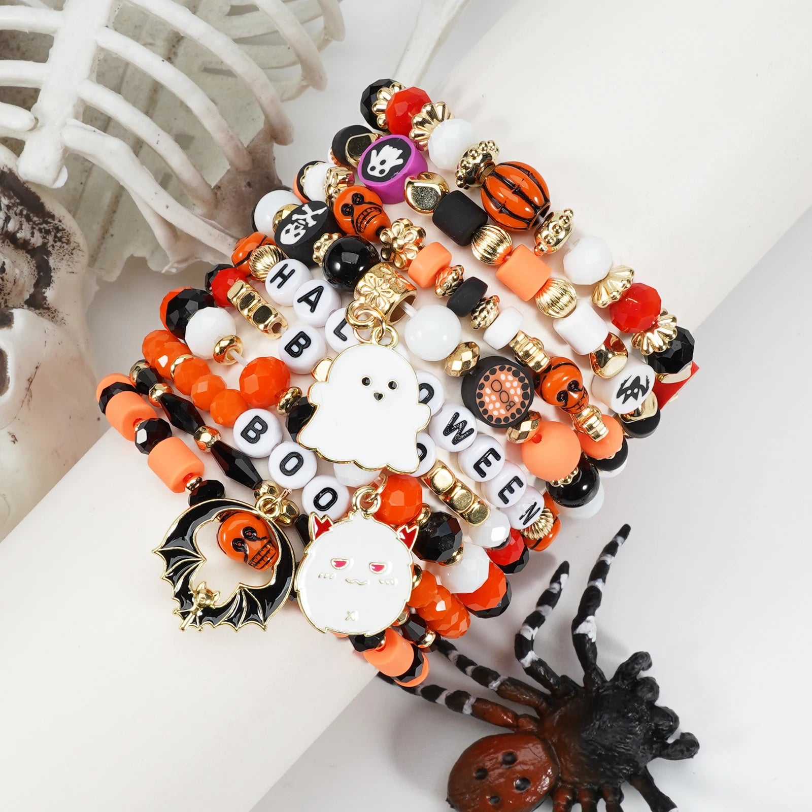 Artificial Crystal Soft Cover Halloween Bracelet Ghost Spider Web Bat Spider Pendant Multilayer Stretch Bracelet